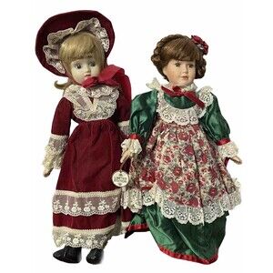 Christmas Doll Porcelain Blonde Blue Eye Doll Brunette‎ Braids Limited 18" Lot 2